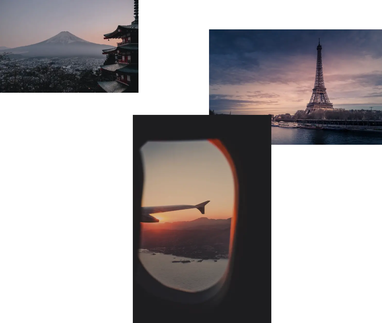飛行機から見る夕陽や遠景からの富士山、セーヌ川対岸から見るエッフェル塔とパリの街並み